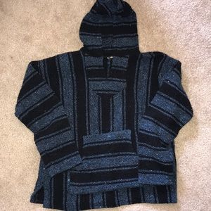Blue and black “drug rug” hoodie